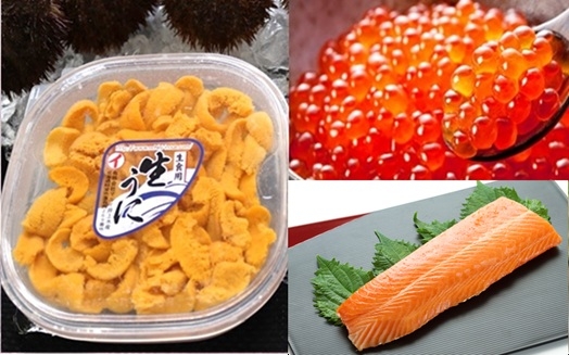 
                  E-71043 エゾバフンウニ塩水パック150g×1P、いくら醤油漬け(鱒卵)150g×1P、お刺身サーモン300g～500g(1～3本)[11月下旬以降発送]
                
