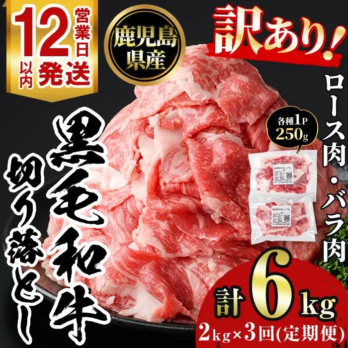 No.1233 ＜定期便・全3回＞訳あり！鹿児島黒毛和牛ロース・バラ切り落とし(計6kg) 鹿児島県産 牛肉 黒毛和牛 和牛 ロース 肩ロース バラ バラ肉 冷凍【NBフード】