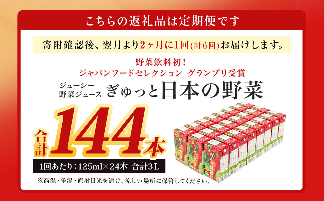 【2ヶ月毎6回定期便】ジューシー 野菜ジュース ぎゅっと日本の野菜100％ 125ml×24本