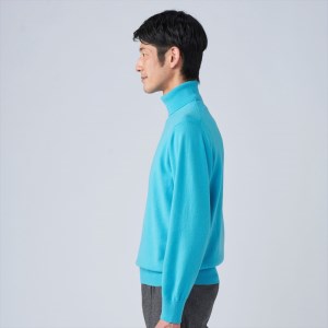 日本製 カシミヤ100% タートルネック ターコイズブルー 2Lサイズ [2660]