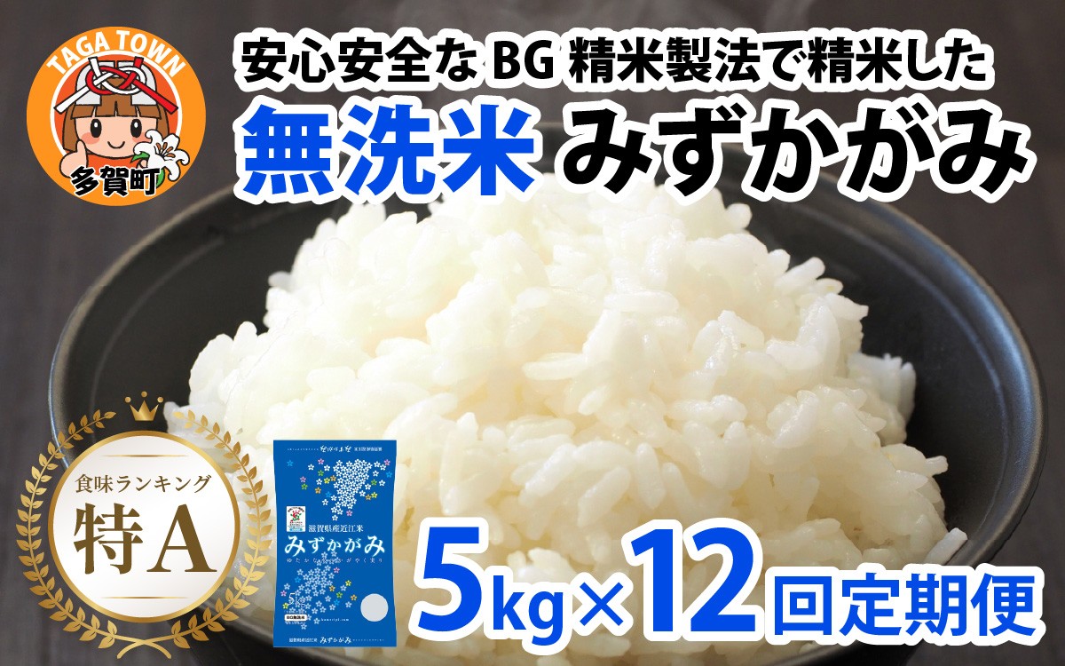
                  【先行予約】【令和8年産新米早期予約　毎月定期配送・計12回】 BG無洗米みずかがみ5kg×12回 [P-00408] / 滋賀県産 多賀町 みずかがみ 米 お米 こめ コメ 白米 ご飯 精米 5kg 袋 定期便 12ヶ月連続 国産 送料無料 おすすめ 人気 大人気 国産 ランキング 無洗米 ヌカ
                