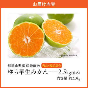 MK1057_【2025年先行予約】ゆら早生 みかん 箱込 2.5kg ( 内容量 2.3kg ) S M Lサイズのいずれか 秀品 優品 混合 有田みかん 和歌山県産