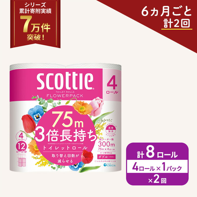 【ふるさと納税】 定期便 トイレットペーパー スコッティ ダブル 3倍長持ち 4ロール（4R×1P,6ヶ月ごと計2回) 香り付き 柔らか ふっくら 高品質 長持ち 防災 災害 備蓄 日用品 生活雑貨 収納 消耗品 生活用品 新生活 生活必需品 楽 コンパクト 節約 家計の味方 宮城県 岩沼市