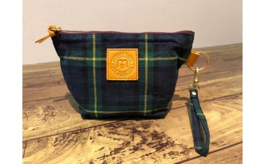 【播州織】コットンリネンチェック ストラップ付きポーチ【緑チェック】mulberry fabric （13-33）