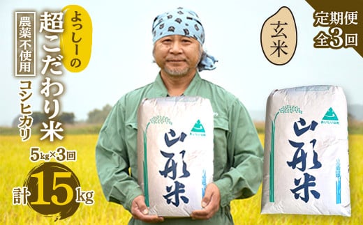 【定期便全3回】令和6年産よっしーの超こだわり米（農薬不使用) コシヒカリ（玄米）5kg×3 米 お米 おこめ 山形県 新庄市 F3S-1627