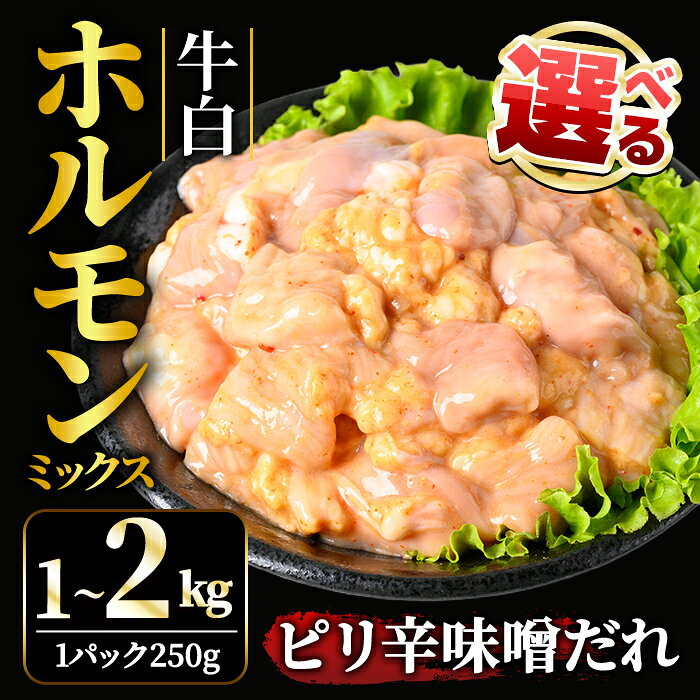 【ふるさと納税】＜選べる内容量＞ 牛白ホルモンミックス ピリ辛味噌だれ 1kg・2kg（250g小分け） 冷凍 小分け ホルモン 味噌 たれ 味付 焼肉 焼き肉 肉 牛 牛肉 おかず おつまみ 【そうざい男しゃく】【ho1598】【ho1599】