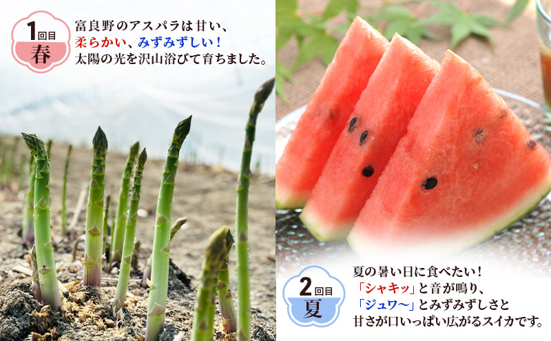 【旬をお届け定期便 全2回】 富良野産 アスパラ と 大玉スイカ の 定期便 北海道 アスパラ グリーンアスパラ 春 スイカ すいか 大玉 旬 定期便 甘い