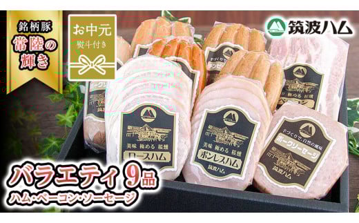 【お中元熨斗付き】 筑波ハム バラエティ 9品 ( ハム ベーコン ソーセージ ) 『常陸の輝き』 茨城県産 ブランド豚 銘柄豚 ( 茨城県共通返礼品 ) ロースハム ボンレスハム フランク ウィンナー チョリソー 豚 ポーク ステーキ 肉 お肉 [EN011sa]