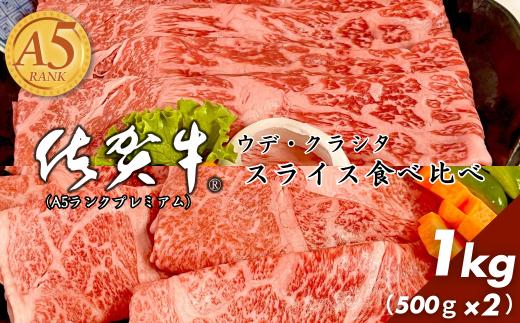 佐賀牛（プレミアム）スライス 食べ比べ 1kg ウデ クラシタ すき焼き しゃぶしゃぶ：B430-007