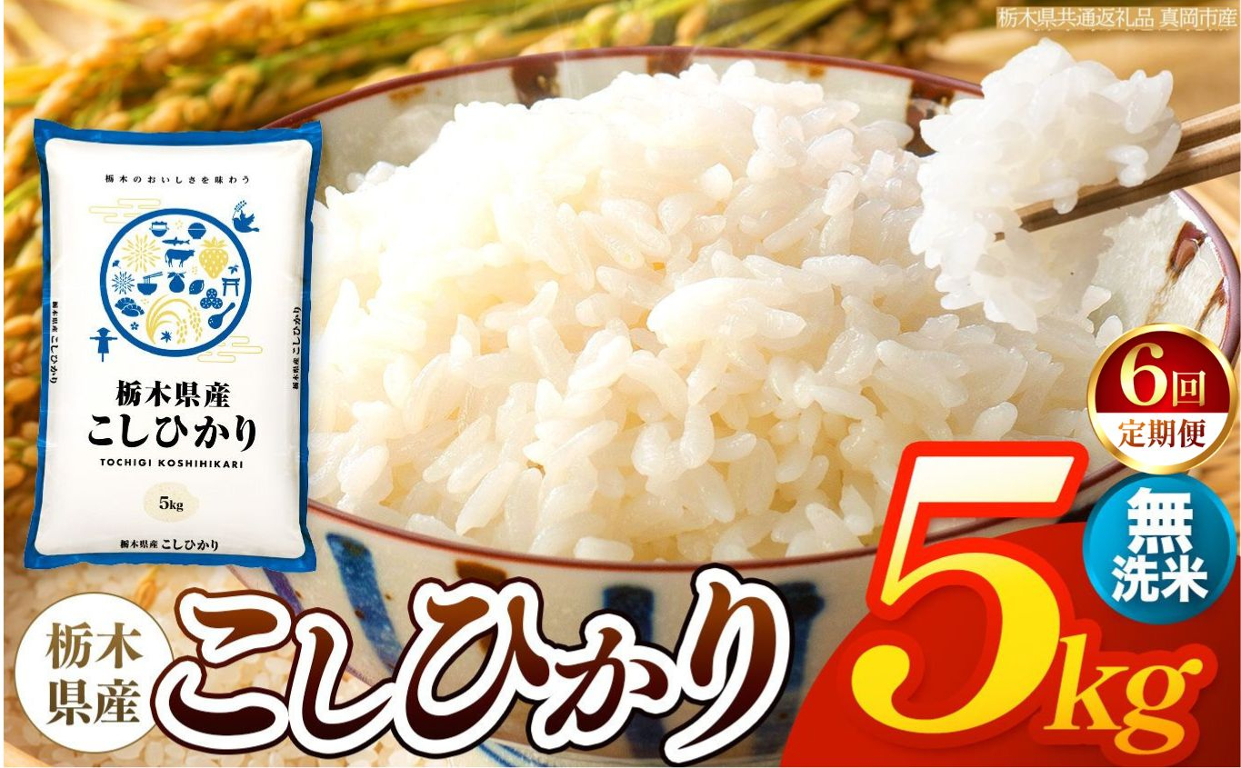 【令和8年産 新米】 【定期便6回】栃木県産 お米 こしひかり　（無洗米） 5kg 【2026年秋以降発送】 |  栃木県 矢板市 【栃木県共通返礼品 真岡市産】 【定期便6回】無洗米 5kg | 5