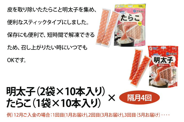 【定期便】 ☆CMで話題☆ かねふく スティック 食べ比べ セット 明太子 20本・たらこ 10本 900g × 隔月4回 （2カ月に１度 30本 × 4回 お届け） 使い切り 個包装 無着色 大洗 