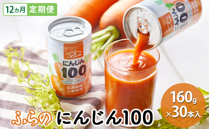 【 12ヵ月 定期便 】ふらの にんじん100 160g×30本入　野菜  ジュース  (ジュース 野菜ジュース 飲み物 缶 北海道 送料無料 道産 富良野市 ふらの)