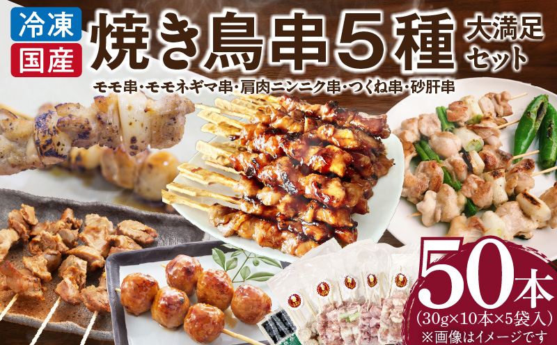 【大満足セット】冷凍国産鶏 焼き鳥串 人気の5種 合計50本セット 小分け パック［129T07］