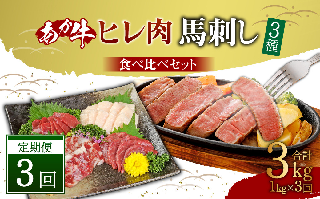 
【定期便3か月】あか牛 ヒレ肉 800g (6枚前後)・ 馬刺し 200g ( 赤身 100g 霜降り 50g たてがみ 50g) 食べ比べ セット
