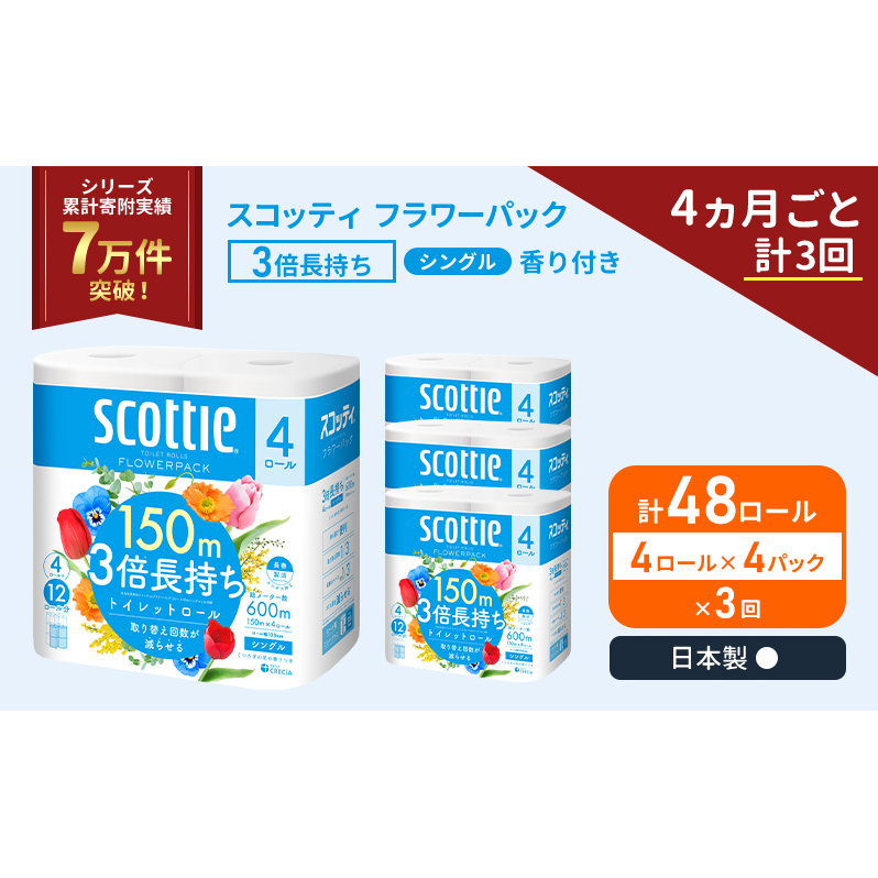 定期便 トイレットペーパー シングル スコッティ フラワーパック 3倍長持ち 48ロール ( 4ロール × 4パック ) 《 4ヶ月ごと 計  3回 》香り付き