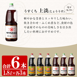 濃口醤油と淡口醤油の詰め合わせ（1.8L×6本）甘い醤油も使い方次第！濃口（こいくち）醤油と淡口（うすくち）醤油で素材を引き出し料理にアクセント！サクラカネヨのお醤油セットをご家庭で♪【A-175H】