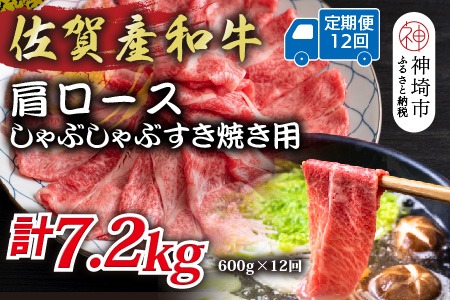 【12か月定期便】佐賀産和牛肩ロースしゃぶしゃぶすき焼き用 600g×12回【肉 牛肉 ブランド牛 黒毛和牛 ふるさと納税】(H112335)