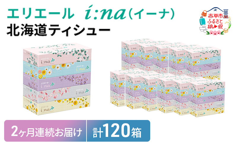 2ヵ月連続お届け 計120箱 エリエール i:na (イーナ) 北海道 ティシュー 150組5箱 12パック ティッシュペーパー 箱ティッシュ まとめ買い 防災 常備品 備蓄品 消耗品 日用品 生活必需品 送料無料 赤平市