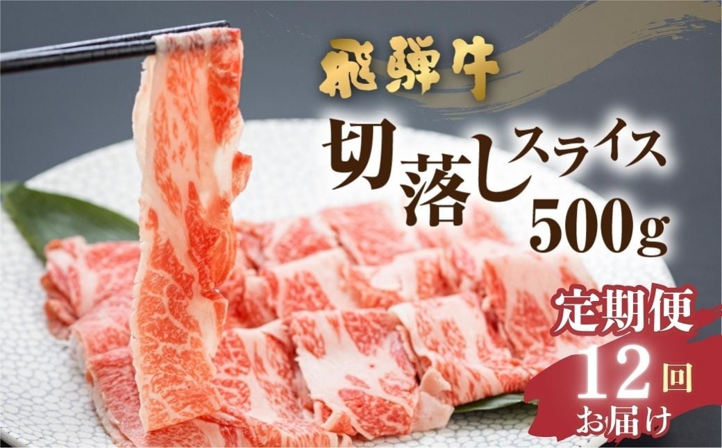 
            【12回 定期便】飛騨牛 切り落としスライス 定期便 500g × 12回 焼肉 牛肉 黒毛和牛 肉 和牛 すき焼き 焼き肉 切落し肉 小分け肉 冷凍 訳あり お肉 不揃い肉 飛騨牛すき焼き すき焼き肉 切り落とし肉 部位おまかせ 切り落とし にく 精肉 訳あり牛肉 毎月 定期 お届け スライス 切落し 不揃い 部位 お任せ 定期回数 計6kg 使い切り サイズ 小間切れ 牛肉切り落とし
          