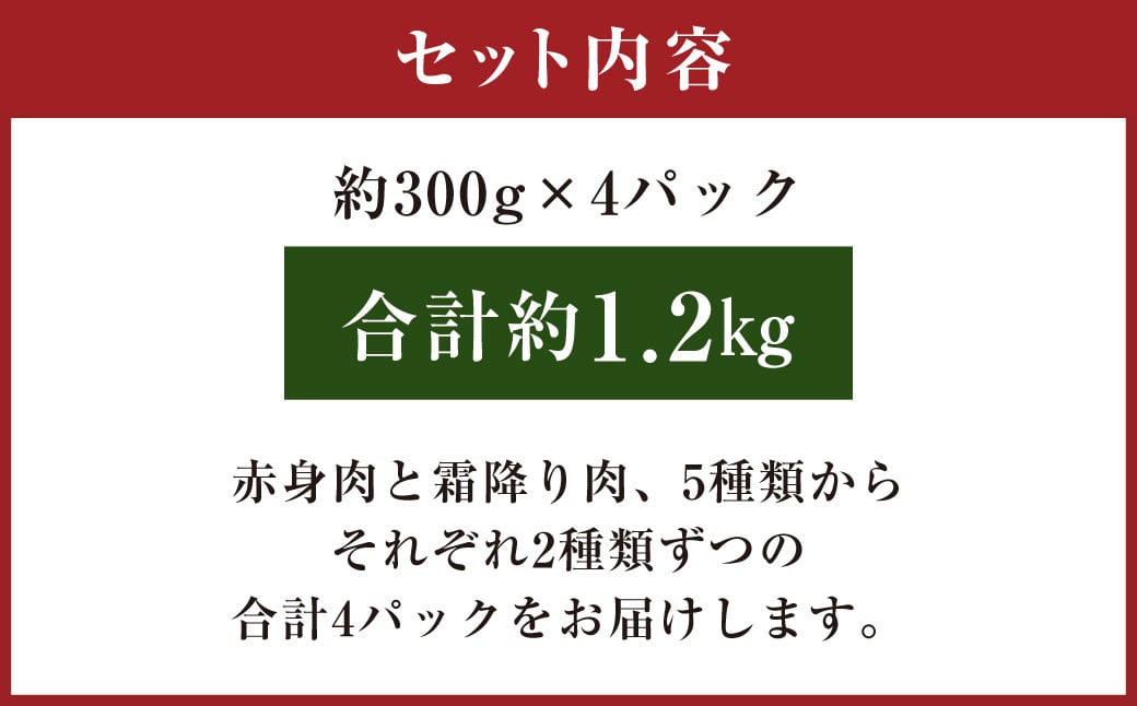 【焼肉用4-6人向け】 あさじ牛 約300g×4パック 計約1.2kg 部位おまかせ 4種の焼肉食べ比べセット