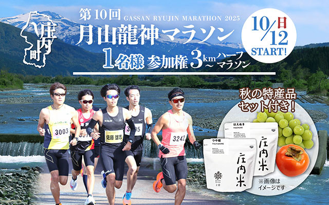 
            第10回 月山龍神マラソン 一般の部 選べる種目（3km / 5km /10km / ハーフ） 参加権（１名様分）＆新米 庄内米食べ比べセットと秋のフルーツ【入金期限：2025.7.25】
          