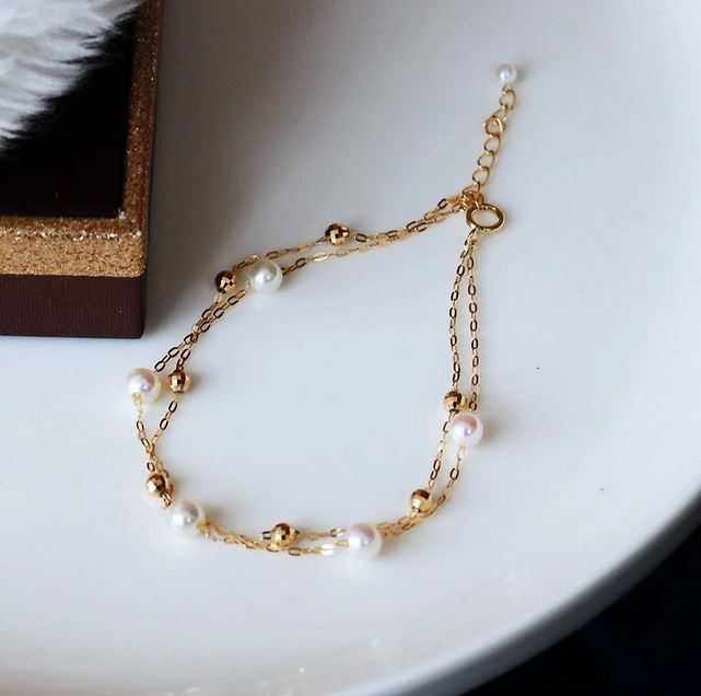 【080-28】志摩産　アコヤ真珠　希少な無調色ベビーパール4-5ミリ　2連　ブレスレット（15ｃｍ）*