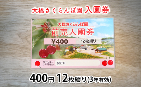 体験 北海道 芦別 大橋さくらんぼ園 入園券 400円 12枚綴り さくらんぼ狩り