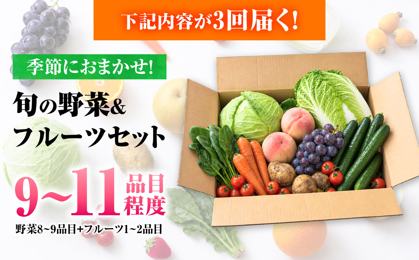 【3回定期便】【産地直送】長崎県諫早産 旬の野菜＆フルーツ詰め合わせ 9～11品目程度 季節のおまかせセット / 野菜 フルーツ 果物 セット 詰め合わせ 旬野菜セット 旬のフルーツ 旬 食べ比べ 産地直送 健康 / 諫早市 / 肥前グローカル株式会社 [AHDI016]