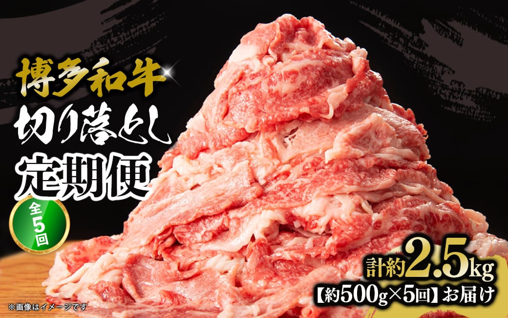 
            博多和牛 切り落とし 定期便全5回 計約2.5kg 肉 お肉 博多和牛 和牛 牛肉 バラ カタ モモ ウデ 赤身 切り落とし 国産 2～3人前 500g 冷凍 冷凍配送 使い切りサイズ 柔らかい ジューシー すき焼き 牛丼 肉じゃが 定期便 全5回 福岡県 八女市
          