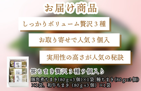 ＜竹千寿＞ 贅沢 笹ちまき 3種 9個 豚角煮 鰻 和牛 [M670-1] 中華ちまき おこわ 笹おこわ 個包装 冷凍おにぎり おにぎり お取り寄せ 贈り物 内祝 お返し お祝い おこわギフト グルメ