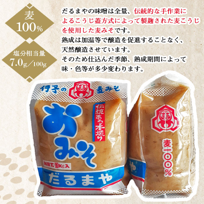 ＜国産 はだか麦 100％ みそ 5kg（1kg×5袋）＞味噌 調味料 発酵食品 だるまや 愛媛県 西予市