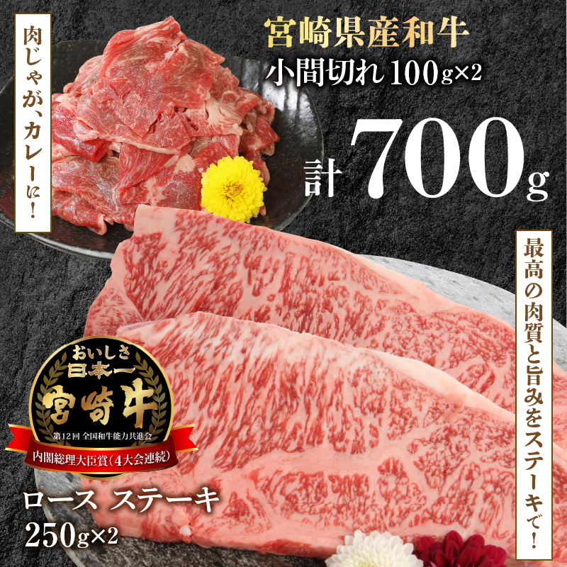 宮崎牛 ロース ステーキ 250g×2 宮崎県産和牛小間切れ 100g×2 計700g　N0147‐B813