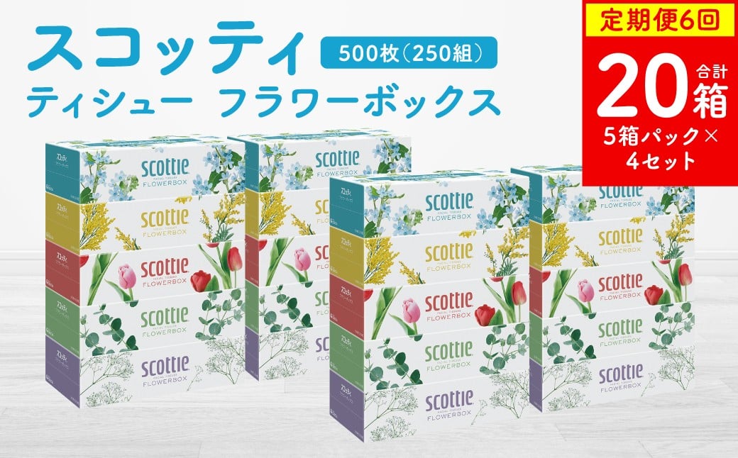
            【定期便6回】【毎月お届け】【スコッティ】ティシュー フラワーボックス 250組 5箱パック×4セット 合計20箱 ティッシュ 日用品 生活必需品 消耗品 紙 まとめ買い 備蓄 防災備蓄  ストック デザインボックス
          