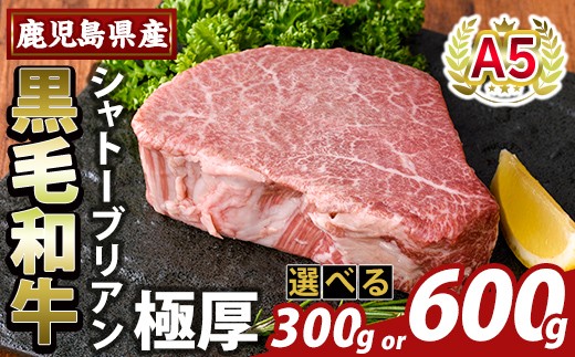 
                  K-706 ＜選べる容量＞数量限定！希少部位 鹿児島県産A5黒毛和牛『極厚』シャトーブリアン(計300g・計600g)【ふるさと産直バザール】霧島市 牛肉 ステーキ ステーキ肉 国産 鹿児島県産 黒毛和牛 肉 精肉 牛
                
