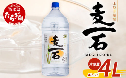 【2月発送】メガボトル！ 純 麦焼酎【麦一石】4L エコペット 25度  焼酎 蔵元直送 4リットル パーティサイズ 麦 酒 麦麹 焼酎 大容量 熊本 球磨 焼酎 多良木町 040-0586-02