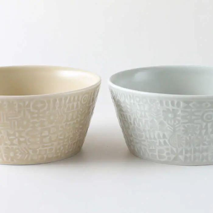 【波佐見焼】PATTERNED BOWL ペア 2点セット ecru ＋ morning mist 食器 皿 【BIRDS’ WORDS】 [CF020]  波佐見焼