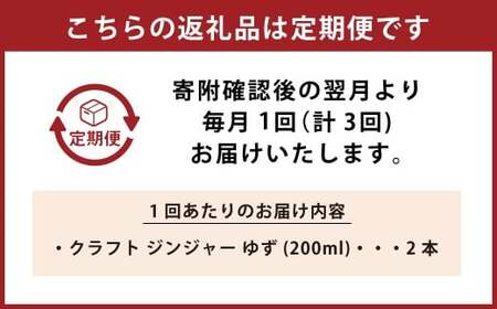 【3ヵ月定期便】 Craft GingerY （ゆず） 200ml×2 無添加 国産 ピリリと生姜にゆず香る ジンジャーシロップ 合計1.2L ／  シロップ しょうが ジンジャー 柚子 ユズ 高知県