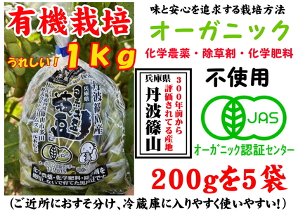 【黒枝豆　令和7年10月中旬以降お届け】日本遺産　丹波篠山市　JAS有機栽培　オーガニック黒枝豆（200ｇ×5袋） プレミアム枝豆 日本三大枝豆　丹波篠山黒枝豆 大粒 丹波 黒豆 丹波黒 黒大豆 濃厚 美味しい黒枝豆 旬 ご当地 お取り寄せ グルメ