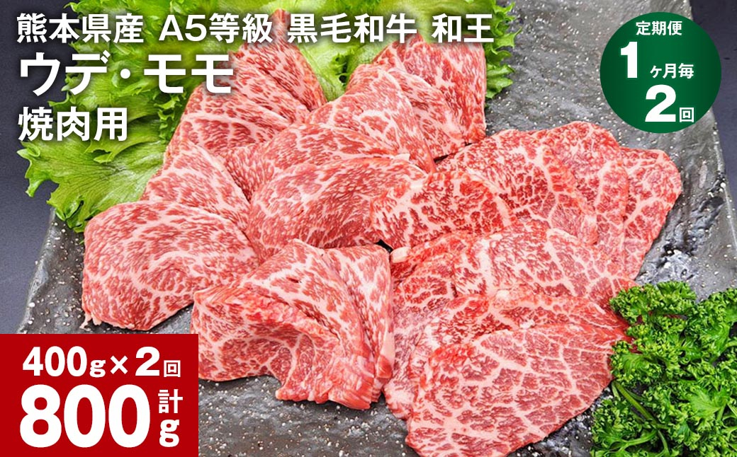 
【1ヶ月毎2回定期便】熊本県産 A5等級 黒毛和牛 和王 ウデ・モモ 焼肉用 400g 計800g
