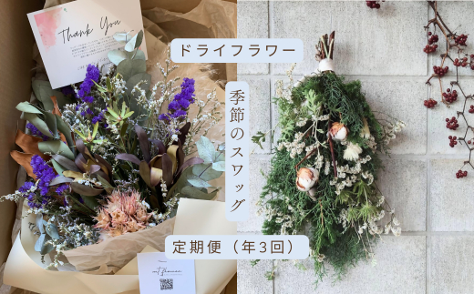 ドライフラワー季節のスワッグ定期便（年３回）（花材おまかせ・白・グリーン、ピンク、おまかせ）の3種よりランダムにお届け XY003