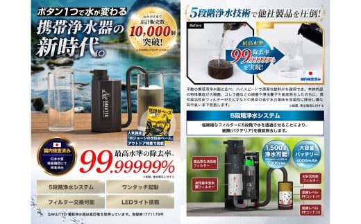 SAKUTTO 電動式 携帯浄水器 （アウトドア向けデザイン） 日本正規品 キャンプ用品 浄水器 アウトドア 登山用品 サバイバル 防災グッズ 防災 災害対策 福岡県 北九州市
