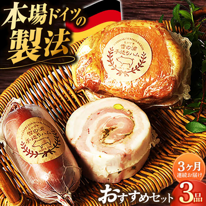 【ふるさと納税】【国際大会金賞】【毎月3点×3回定期便】店主おすすめ セット 毎月3品（計9品） /ロースハム ビアシンケン ベリーロールブロック / 長与町/雪の浦手造りハム [EAM032] ハム ロースハム 冷凍 定期 定期便