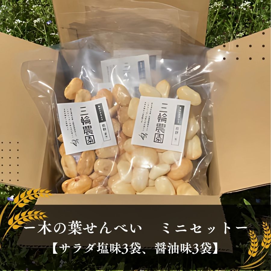 【ふるさと納税】木の葉せんべい　ミニセット【サラダ塩味3袋、醤油味3袋】　|| 都留市産（三輪農園産）米100％ 化学調味料、添加物不使用 美味しい