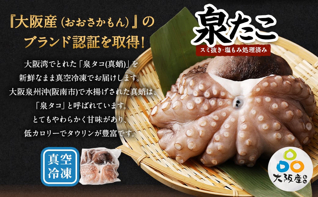 大阪産 泉タコ （生たこ）  計1.3kg 650g（1～3杯）×2袋 魚介類 海鮮 タコ たこ 真蛸 スミ抜き 塩もみ処理 下処理済み 簡単調理 冷凍