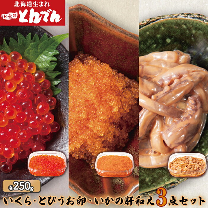 【ふるさと納税】いくら ・ とびうお 卵 ・ いかの肝和え 3点セット （各250g） ふるさと納税 北海道 鮭 鮭いくら いくら イクラ おつまみ ごはんのお供 とんでん 恵庭市 恵庭 お取り寄せ 詰め合わせ グルメ 海鮮 魚介【44001301】