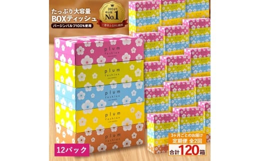 MH140-0124_【ふるさと納税】 ティッシュ ティッシュペーパー 「 大容量 プラムファッション BOXティッシュ 12パック（ケース60個入り） 定期便 全2回(3ヶ月ごと)」 [ 常備品 生活用品 まとめ買い 蛍光染料不使用 日用品 日用雑貨 日用消耗品 ]