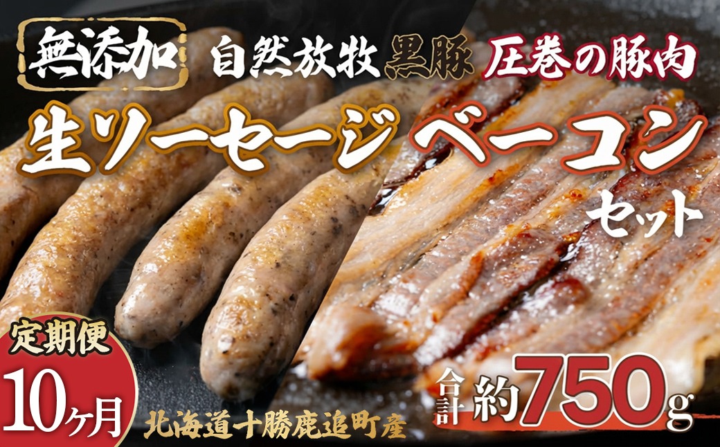 【定期10ヶ月】鹿追産 自然放牧圧巻の黒豚 無添加ベーコン＆無添加ソーセージ SKN072