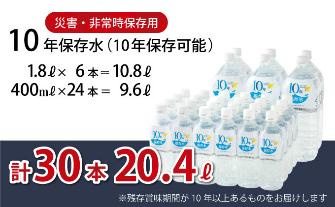 
10年保存水 各１ケース分 1.8L×6本 400ml×24本セット 計20.4L 10年保存可能 室戸海洋深層水100％使用 ミネラルウォーター ペットボトル 長期保存水 備蓄水 非常災害備蓄用 災害用 避難用品 防災 防災グッズ 赤ちゃん ミルク 子ども 大人 薬服用 自然災害 送料無料 ak030
