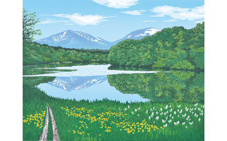 「月山と五色沼」白【 版画 額付 小川手漉和紙 小暮真望 東松山 埼玉県 】