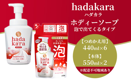 ボディソープ hadakara ( ハダカラ ) 泡タイプ 本体 550ml×2本, 詰め替え 440ml×6袋 ボディーソープ 泡ボディソープ 泡 日用品 消耗品 バス用品 大容量 いい 匂い ボディ 保湿 LION ライオン 泡石鹸 石鹸 兵庫 兵庫県 小野市